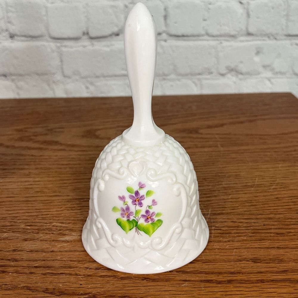 PRICE DROP Fenton Vtg white milk glass bell handpainted, violets in snow